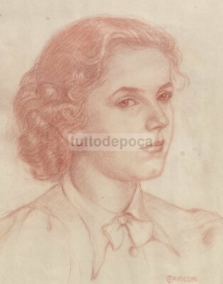 Arte Del Novecento: Ritratto Artistico A Matita Sanguigna, Firmato Parcus