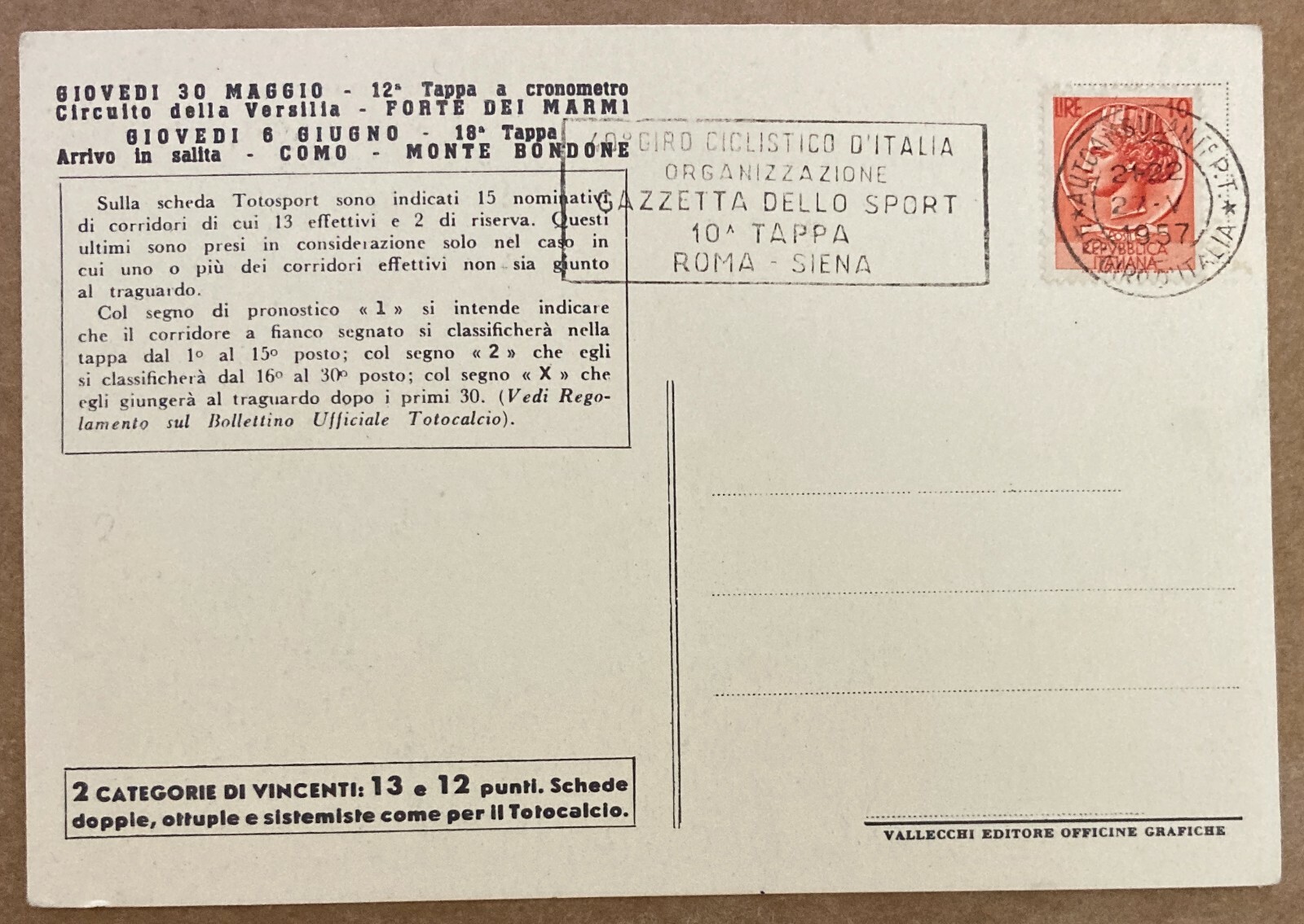 Ciclismo: Gara Velocipedista, Totosport, Giro d'Italia, 1957   Cartolina Pubblicitaria
