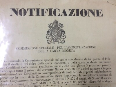 Araldica, Nobiltà Romana, Antico Manifesto: Notificazione Carta Moneta E Numismatica