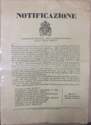 Araldica, Nobiltà Romana, Antico Manifesto: Notificazione Carta Moneta E Numismatica