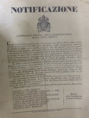 Araldica, Nobiltà Romana, Antico Manifesto: Notificazione Carta Moneta E Numismatica