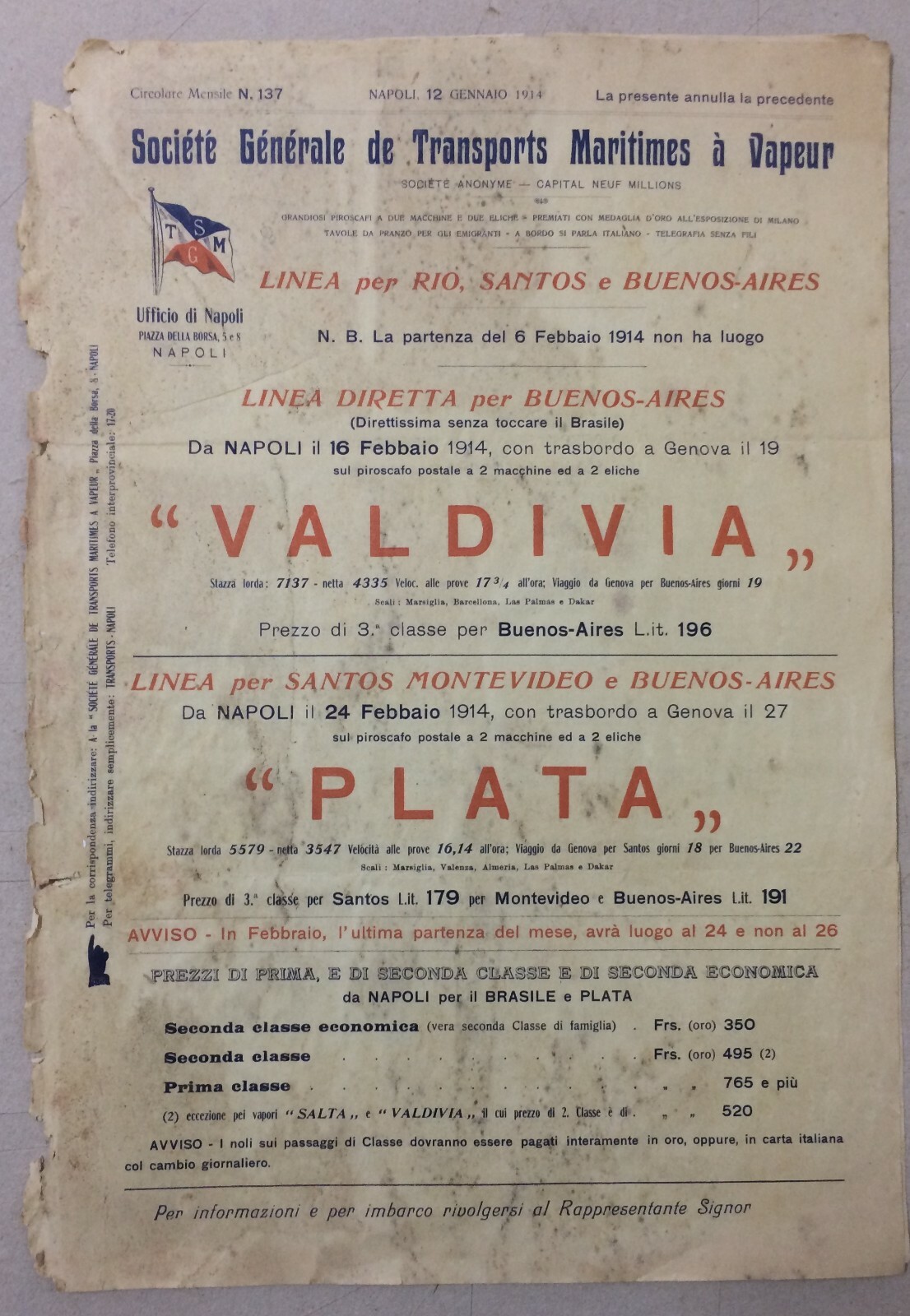 Navigazione, Marineria, Emigrazione Italo Americana, Valdivia, Napoli, Pubblicitaria