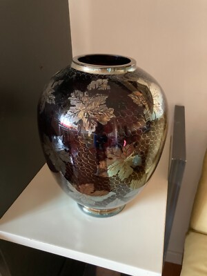 Vaso In Vetro Laminato Argentato Con Decori Vegetali