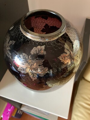 Vaso In Vetro Laminato Argentato Con Decori Vegetali