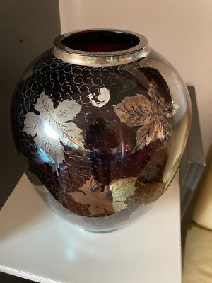 Vaso In Vetro Laminato Argentato Con Decori Vegetali