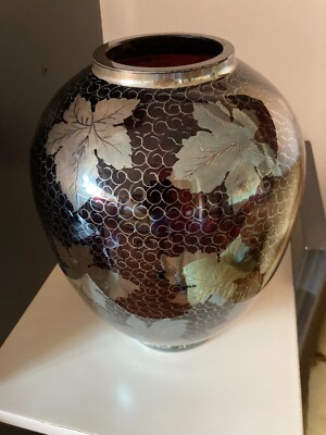 Vaso In Vetro Laminato Argentato Con Decori Vegetali
