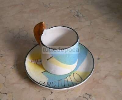 Tazza Con Piattino In Ceramica Di Albissola, Decoro Futurista Attribuito A Francesco Cangiullo