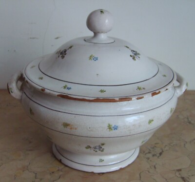 Antica Zuppiera In Ceramica Con Decori Floreali Policromi