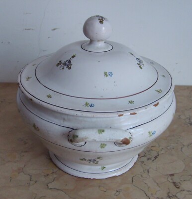 Antica Zuppiera In Ceramica Con Decori Floreali Policromi