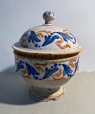 Zuppiera Antica In Ceramica Popolare Con Decori Floreali Policromi