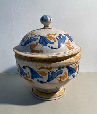 Zuppiera Antica In Ceramica Popolare Con Decori Floreali Policromi