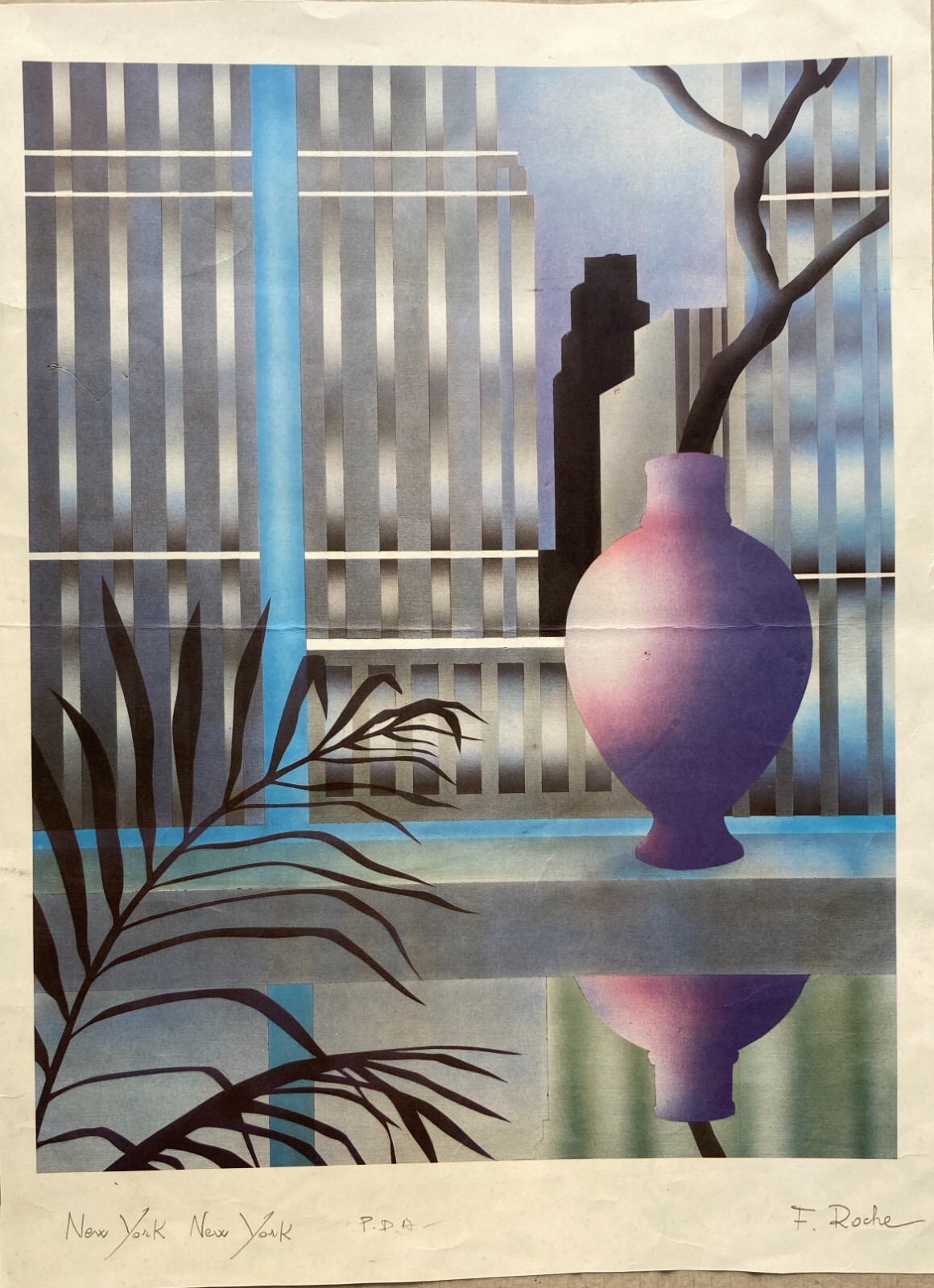 Arte Grafica Moderna   Artista F. Roche   New York   Veduta Con Grattacieli