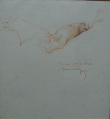 Marina Battigelli, Ritratto Di Bimbo Addormentato. Disegno Originale A Sanguigna, 1943