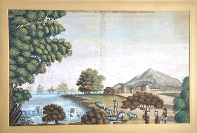 Veduta Pastorale Con Scena Bucolica, Dipinto A Tempera E Gouache, Metà XIX Secolo