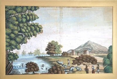 Veduta Pastorale con Scena Bucolica, Dipinto a Tempera e Gouache, Metà Xix Secolo