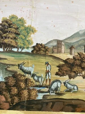 Veduta Pastorale con Scena Bucolica, Dipinto a Tempera e Gouache, Metà Xix Secolo