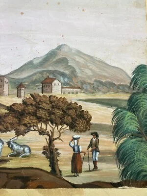 Veduta Pastorale con Scena Bucolica, Dipinto a Tempera e Gouache, Metà Xix Secolo