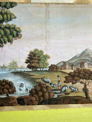 Veduta Pastorale con Scena Bucolica, Dipinto a Tempera e Gouache, Metà Xix Secolo