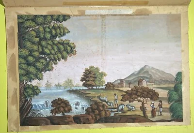 Veduta Pastorale con Scena Bucolica, Dipinto a Tempera e Gouache, Metà Xix Secolo