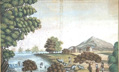 Veduta Pastorale con Scena Bucolica, Dipinto a Tempera e Gouache, Metà Xix Secolo