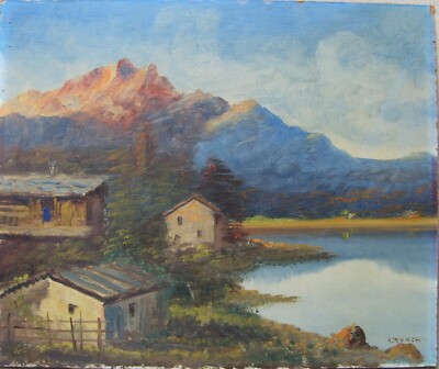 Paesaggio Montano Con Lago, Arnaldo Ronchi, Olio Su Faesite, Anni '30