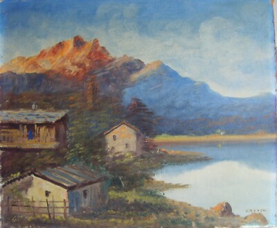 Paesaggio Montano Con Lago, Arnaldo Ronchi, Olio Su Faesite, Anni '30