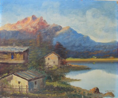 Paesaggio Montano Con Lago, Arnaldo Ronchi, Olio Su Faesite, Anni '30