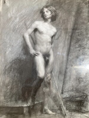 Nudo Maschile, Disegno A Carboncino Originale d'Epoca, Attribuito A Emanuele Cavalli, Prima Metà Del '900