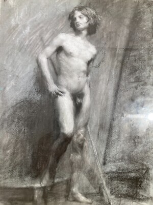 Nudo Maschile, Disegno A Carboncino Originale d'Epoca, Attribuito A Emanuele Cavalli, Prima Metà Del '900