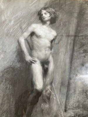 Nudo Maschile, Disegno A Carboncino Originale d'Epoca, Attribuito A Emanuele Cavalli, Prima Metà Del '900
