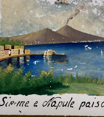 Golfo Di Napoli, Folklore, Veduta Panoramica, Mattonella Dipinta, Ceramica d'Epoca