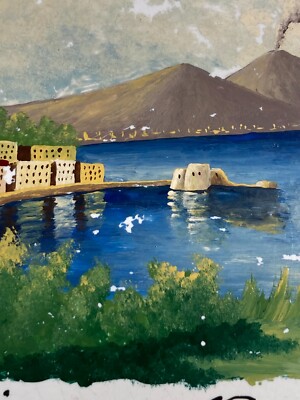 Golfo Di Napoli, Folklore, Veduta Panoramica, Mattonella Dipinta, Ceramica d'Epoca