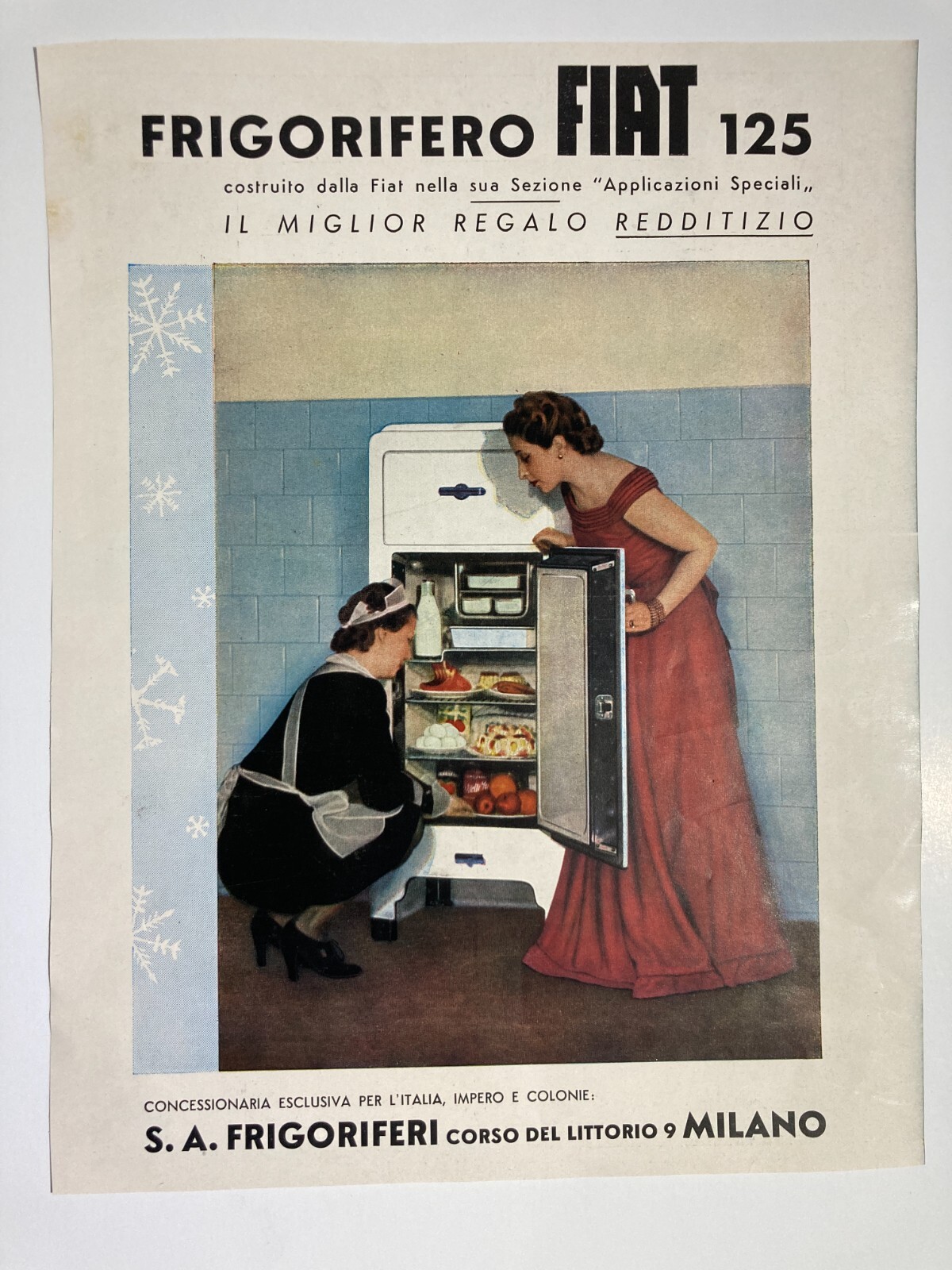 Frigorifero Fiat 125: Illustrazione Pubblicitaria Decorativa A Colori, Anni '40