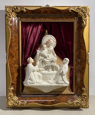 Arte Devozionale: Madonna Del Rosario Di Pompei. Scultura In Ceramica Firmata In Cornice.