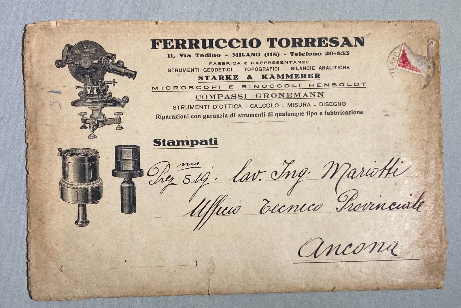 Tecnica, Ingegneria, Geodesia, Strumenti Ottici: Busta Pubblicitaria Antica Torresan