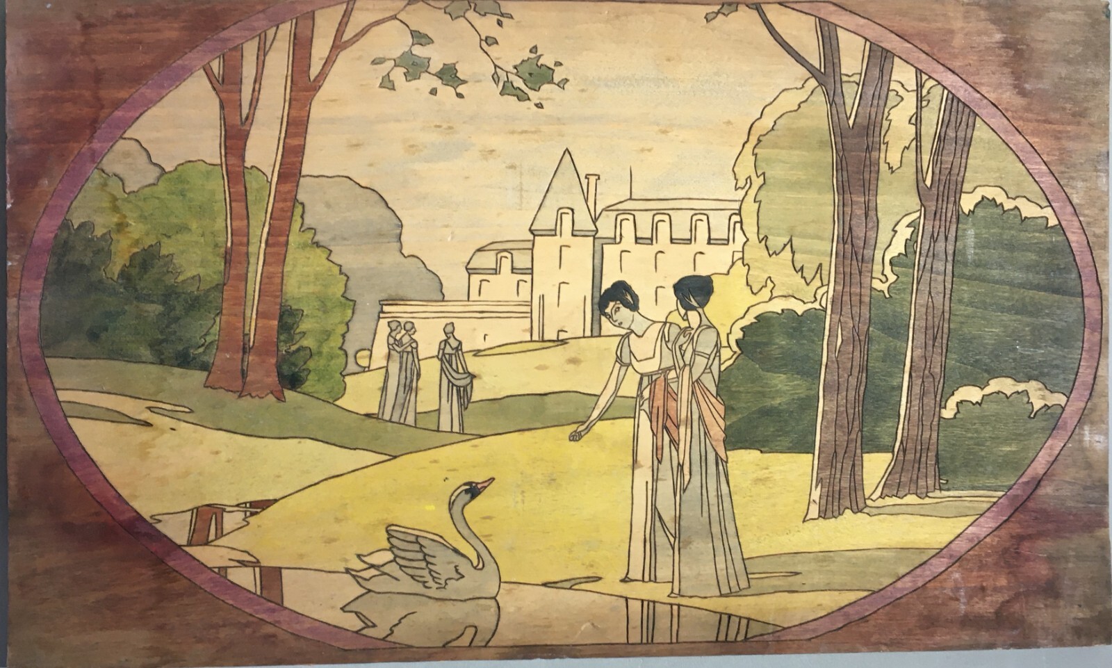 Illustrazione Artistica: Figure Femminili Con Cigno, Pannello Pirografato Stile Liberty