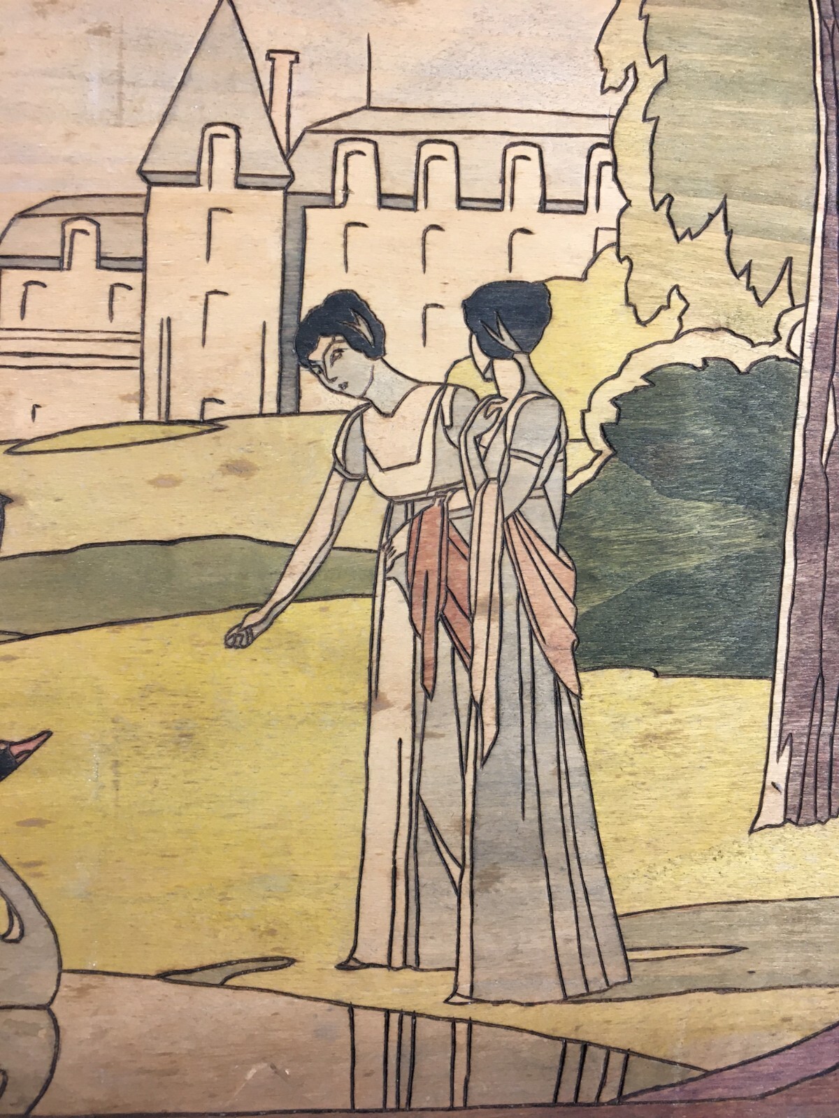 Illustrazione Artistica: Figure Femminili Con Cigno, Pannello Pirografato Stile Liberty