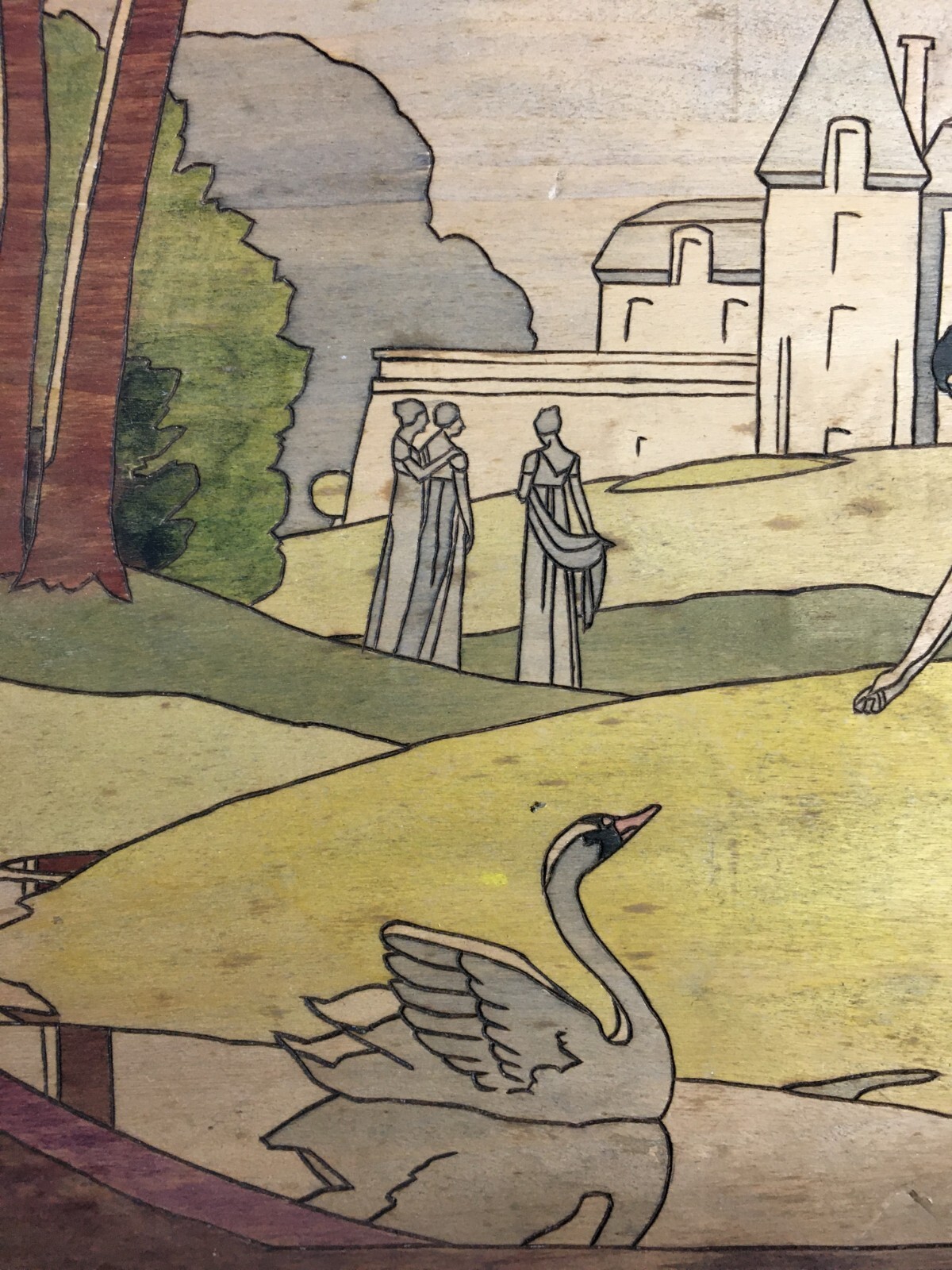 Illustrazione Artistica: Figure Femminili Con Cigno, Pannello Pirografato Stile Liberty