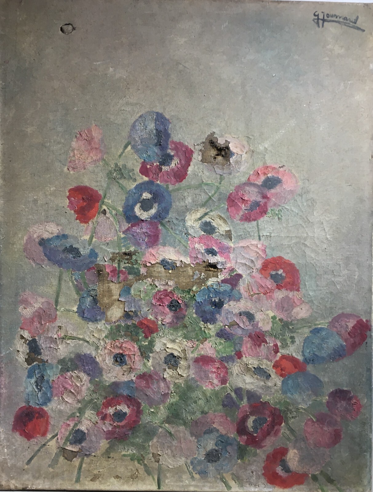 Dipinto Floreale Ad Olio Su Tela, G. Joumard, Epoca Liberty
