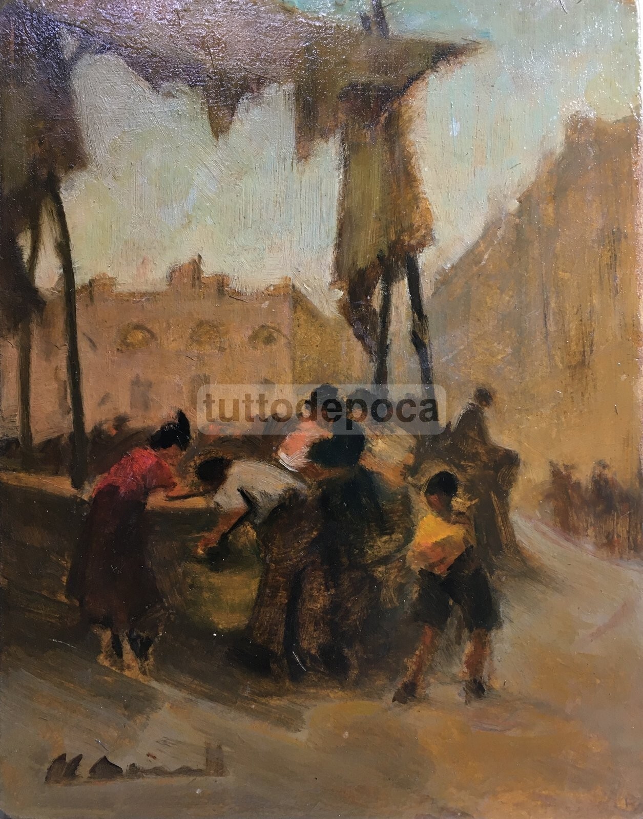 Mario Spinelli (attr.)   Veduta Di Piazza Con Mercato   Dipinto A Olio Su Faesite