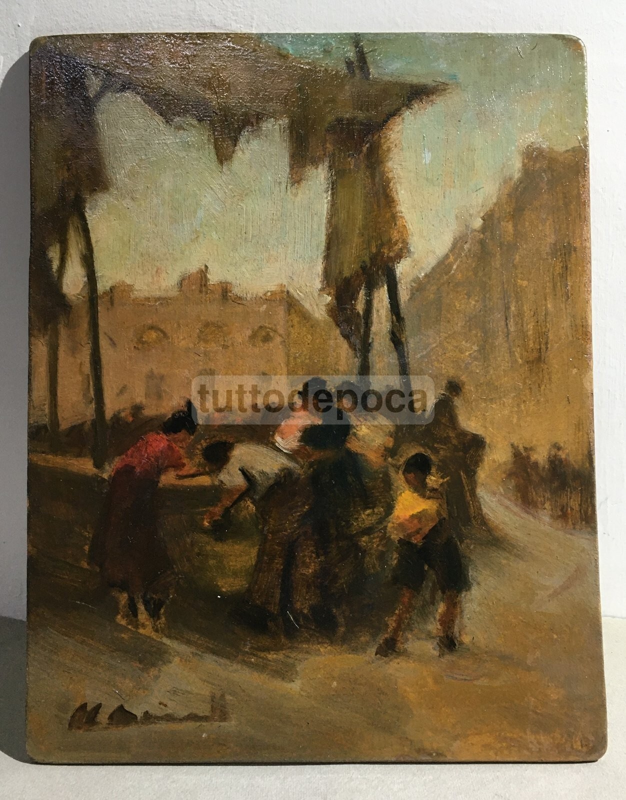 Mario Spinelli (attr.)   Veduta Di Piazza Con Mercato   Dipinto A Olio Su Faesite