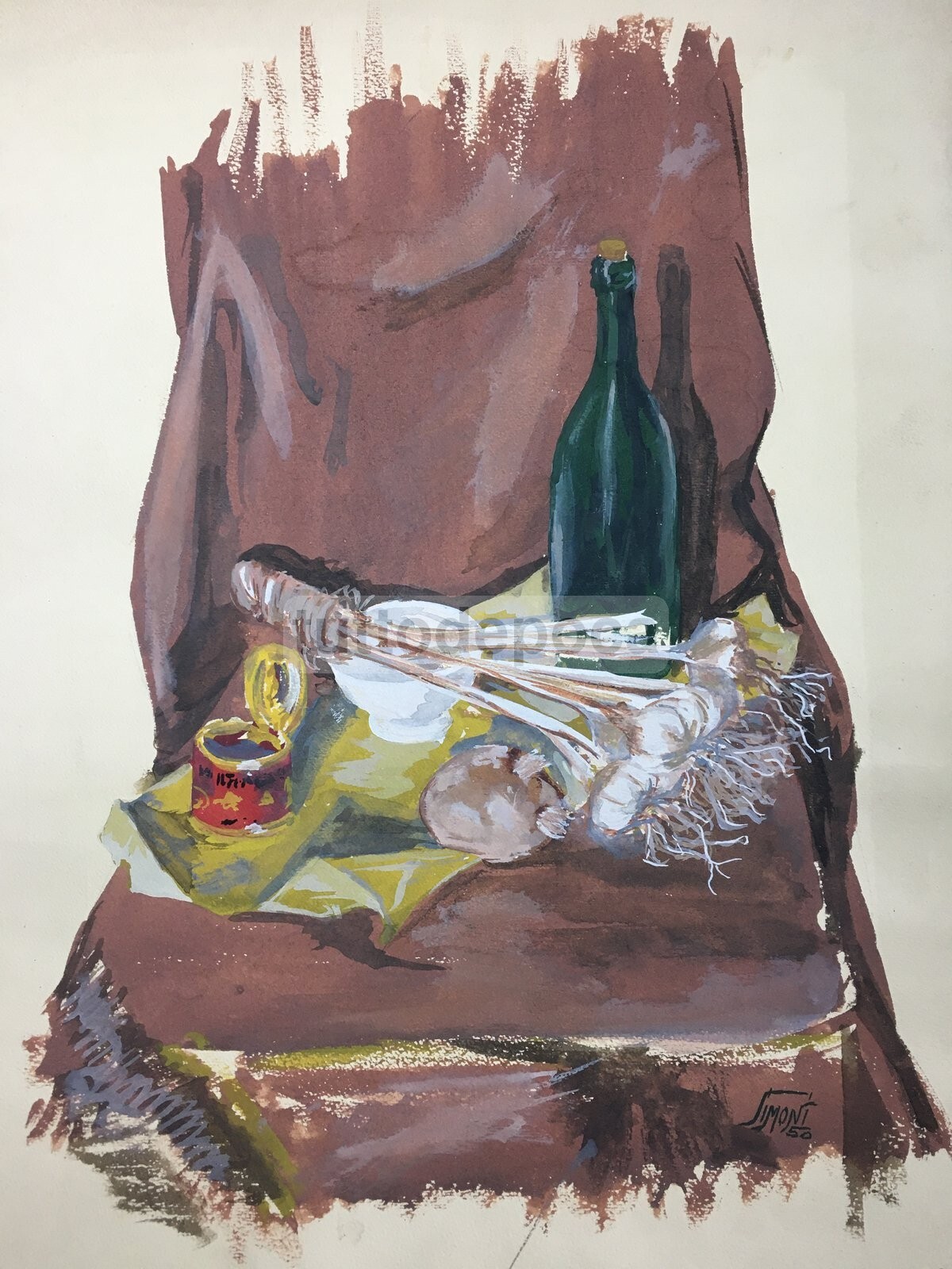 Arte Contemporanea   Natura Morta Con Aglio   Dipinto d'Epoca   Tempera   1950   Simoni