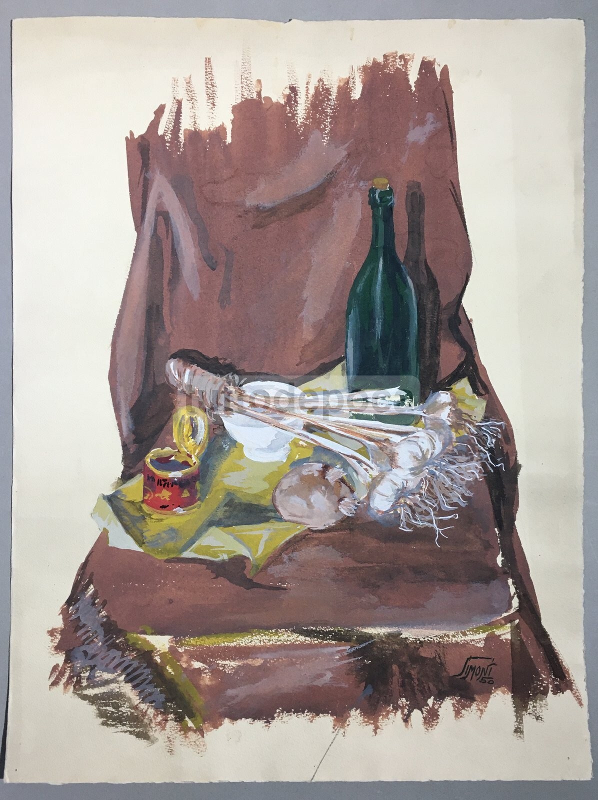 Arte Contemporanea   Natura Morta Con Aglio   Dipinto d'Epoca   Tempera   1950   Simoni