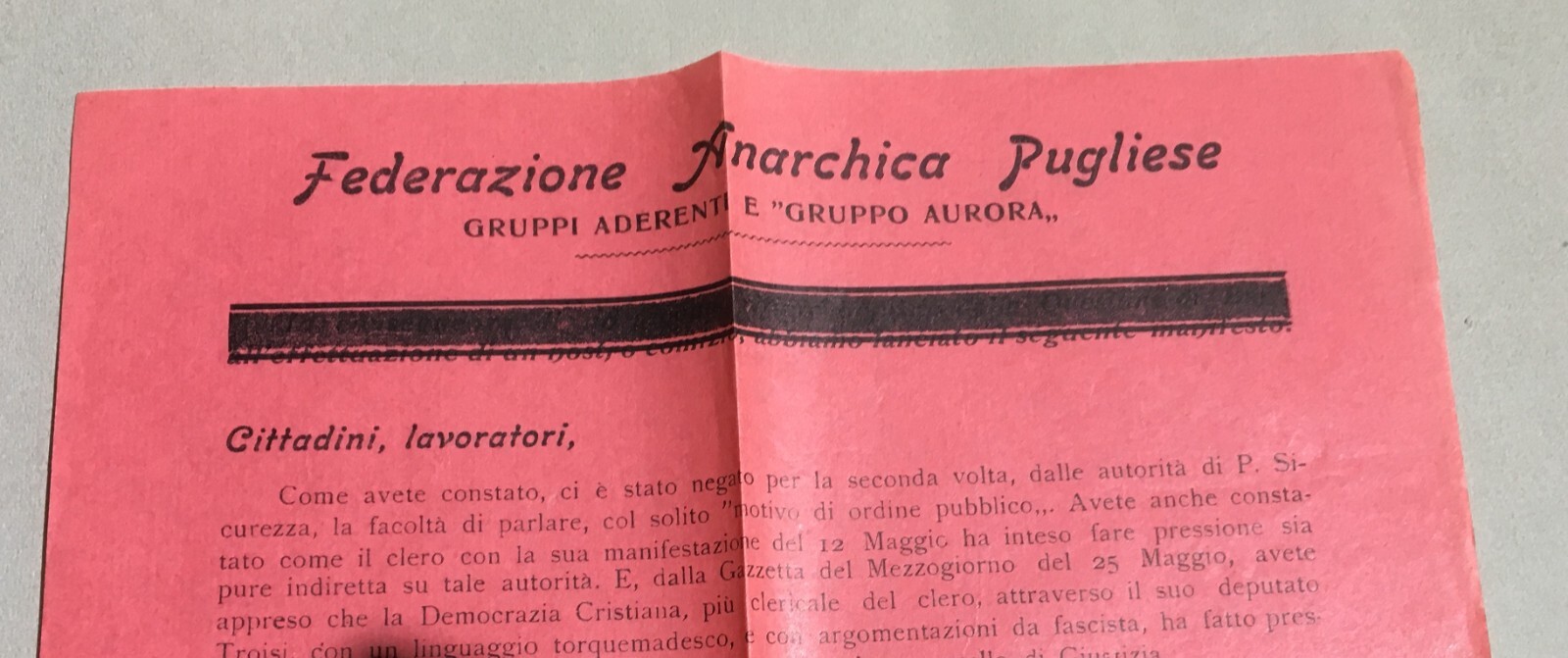 Puglia, Canosa: Volantino Politico Anarchico Del Gruppo Aurora, 1957