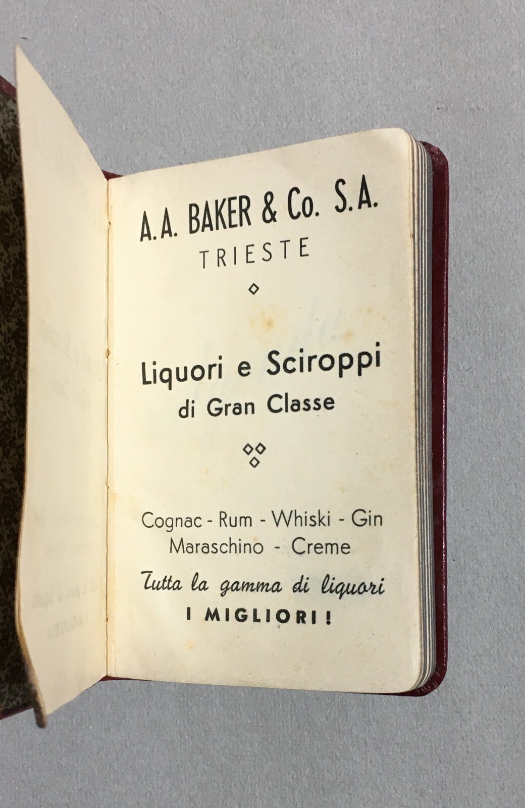 Trieste   Distilleria Liquori Baker   Agendina Tascabile Pubblicitaria 1949