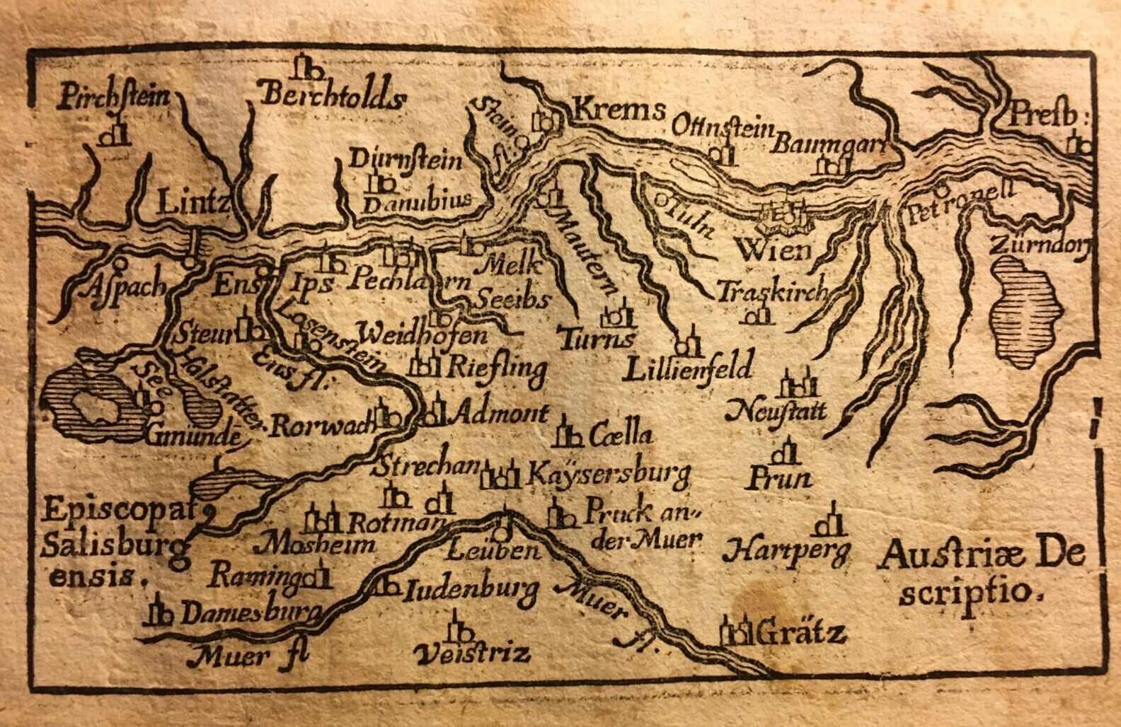 Antica Cartografia: Europa, Austria, Linz, Salisburgo, Danubio, Graz