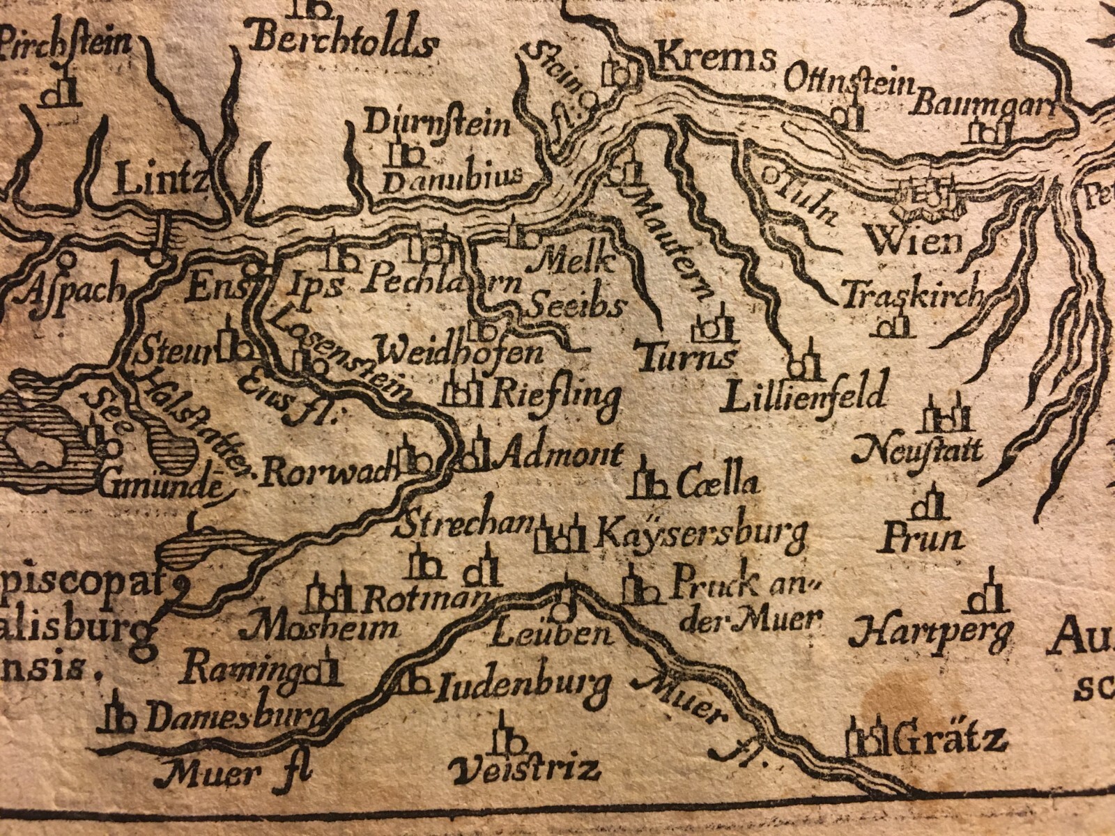 Antica Cartografia: Europa, Austria, Linz, Salisburgo, Danubio, Graz