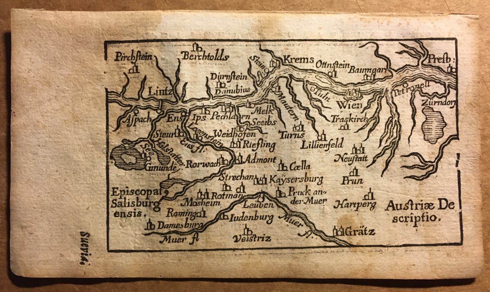 Antica Cartografia: Europa, Austria, Linz, Salisburgo, Danubio, Graz