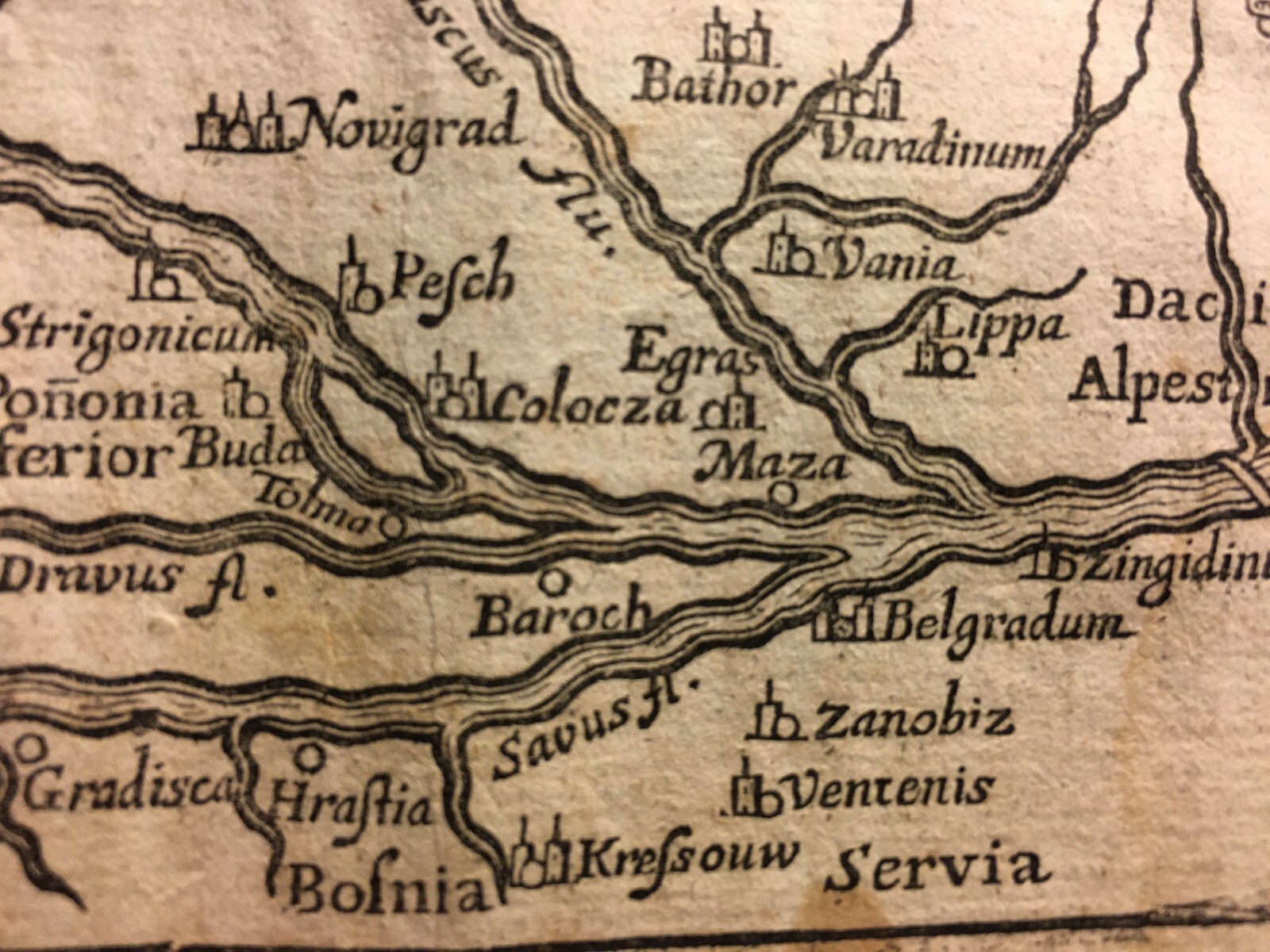 Antica Cartografia Europea: Ungheria, Novograd, Fiume Tibisco E Belgrado
