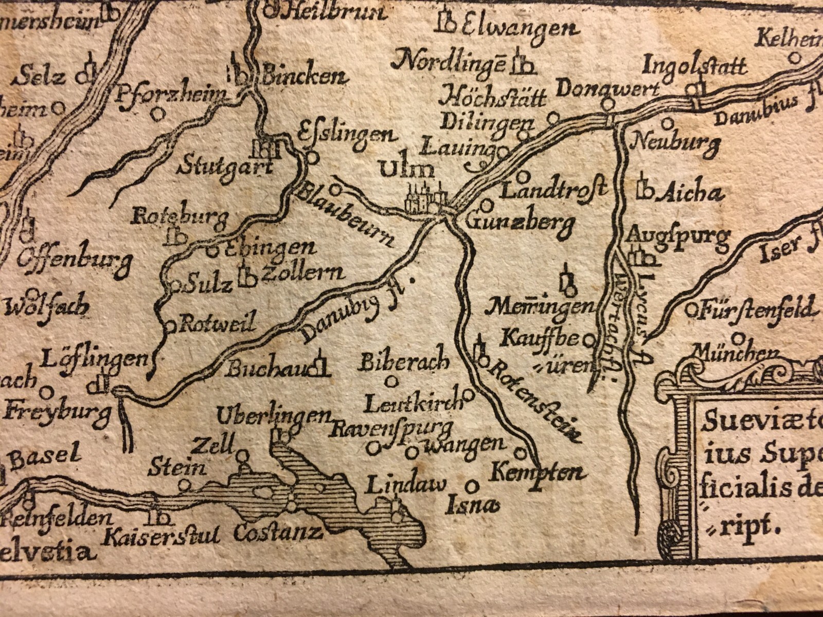 Antica Cartografia Europea: Svevia, Fiume Danubio, Monaco, Friburgo, Basilea, Ulm